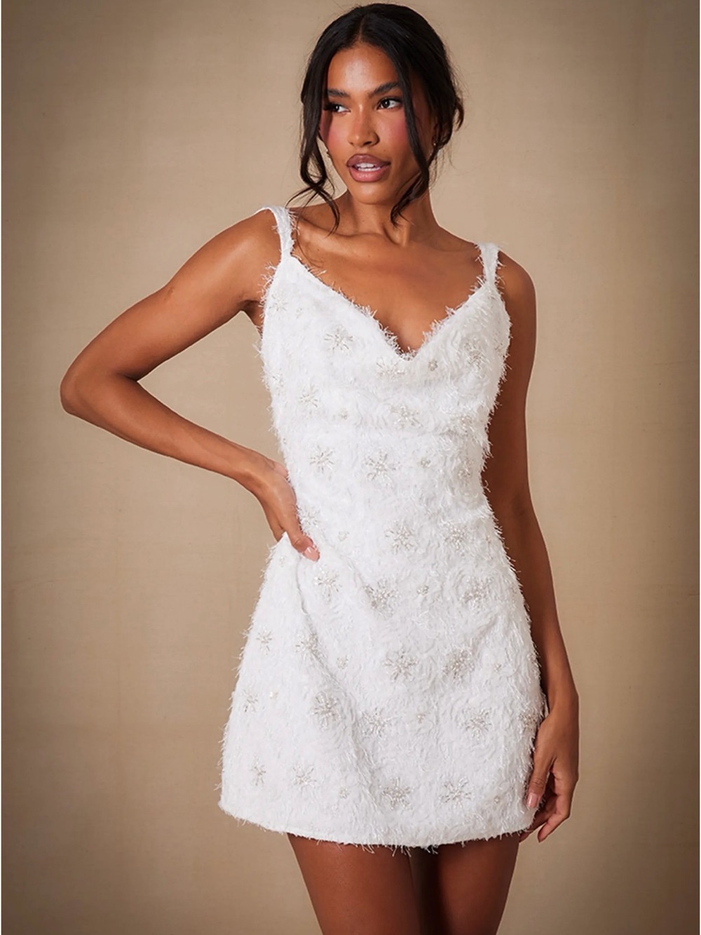 Premium Sequin Embroidered Cowl Neck Shift Dress